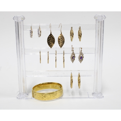 4 - Six pairs of 9ct gold earrings and a pair of gold plated hoop earrings together with a gold plated b... 