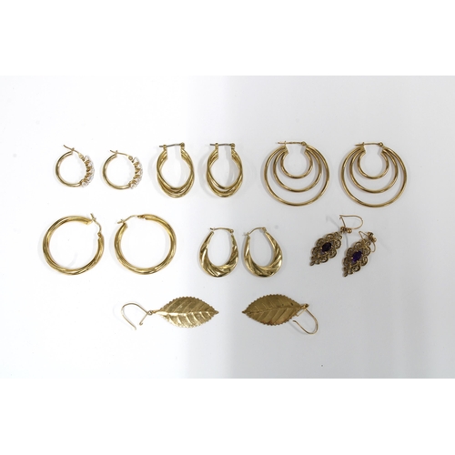 4 - Six pairs of 9ct gold earrings and a pair of gold plated hoop earrings together with a gold plated b... 