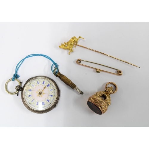 43 - Early 20th century continental silver cased fob watch, 9ct gold bar brooch, stag stick pin and a gol... 