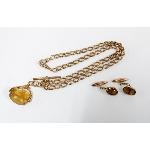 44 - 9 carat gold watch chain, circa 1911, with a 9ct T-bar and 9ct gold mounted citrine fob together wit... 