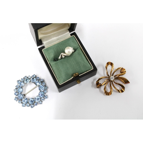 45 - 18ct white gold pearl and diamond ring, stamped 750, together with two paste set costume jewellery b... 