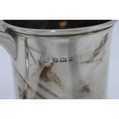 56 - George V silver tankard, with inscription, William Hutton & Sons Ltd, Birmingham 1930,  12cm