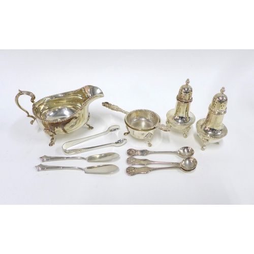 64 - George VI silver sauce boat, Birmingham 1946, 2 silver butter knives, 3 Victorian silver spoons, Epn... 