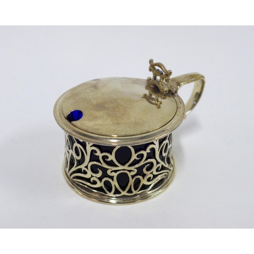 66 - William IV silver mustard, pierced design with blue glass liner, London 1836, 7cm diameter