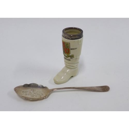 67 - Sheffield silver jam spoon and a silver mounted crested ware boot for Kensington, London 1905 (2)