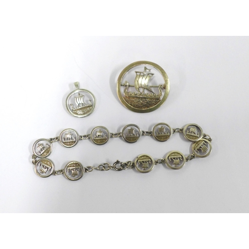 71 - Scottish silver Viking boat brooch and bracelet together with a silver pendant, stamped silver and a... 