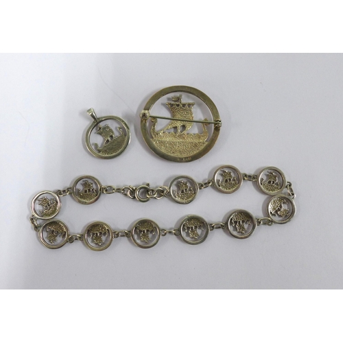 71 - Scottish silver Viking boat brooch and bracelet together with a silver pendant, stamped silver and a... 