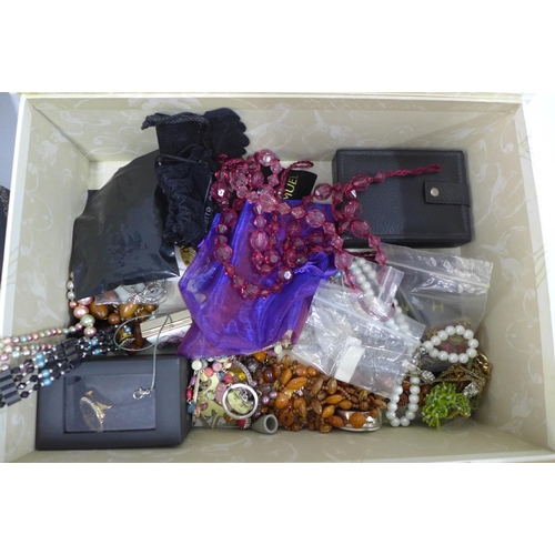 75 - Black leather jewellery box containing a quantity of vintage and later costume jewellery together wi... 