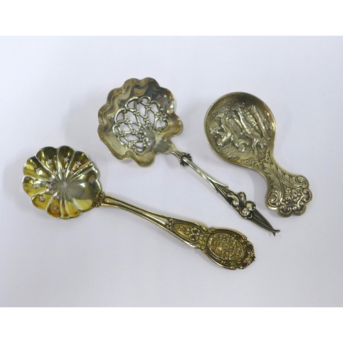 79 - Dutch silver caddy spoon and two silver sifter spoons (3)