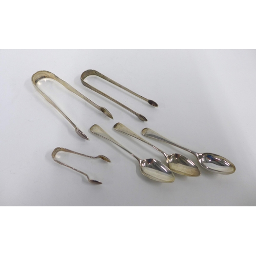 93 - Georgian silver sugar tongs, Edinburgh 1805 and two other silver sugar tongs together with three geo... 