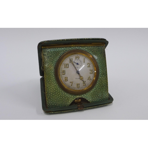 379 - Early 20th century shagreen cased travelling 8 Day clock,  11cm square