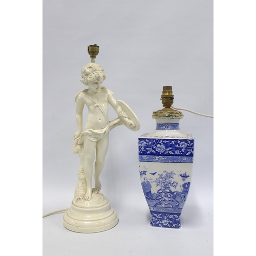 383 - White painted metal Cupid table lamp base, 46cm including fitting, and a blue and white table lamp b... 