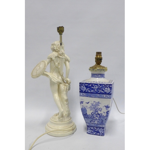 383 - White painted metal Cupid table lamp base, 46cm including fitting, and a blue and white table lamp b... 