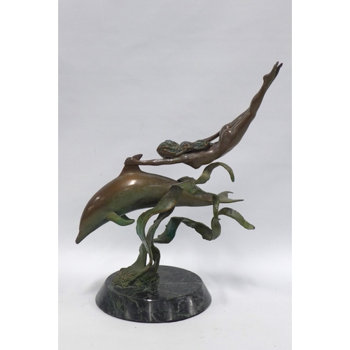 386 - Bronze figure of a woman swimming with a dolphin by Jerry Chase Joslin for Joslin Sculpture, 44 x 49... 