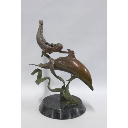 386 - Bronze figure of a woman swimming with a dolphin by Jerry Chase Joslin for Joslin Sculpture, 44 x 49... 