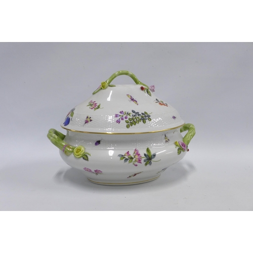 388 - Herend porcelain tureen and cover in Queen Victoria pattern, painted with butterflies and flowers, 3... 