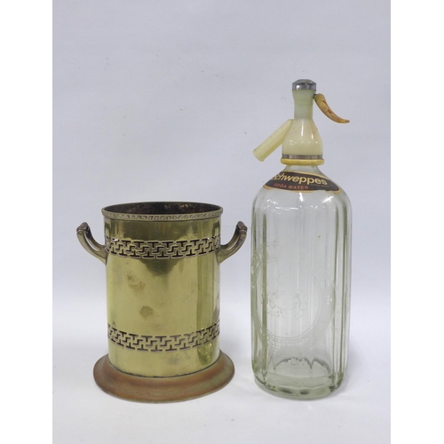 389 - Vintage glass Schweppes soda siphon and an Epns bottle stand (2)