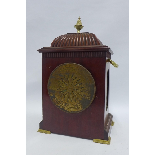 394 - Mahogany and brass mounted bracket clock with silvered dial and Arabic numerals, case is 35cm high e... 