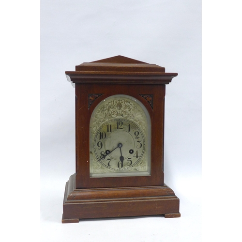 395 - Early 20th century bracket clock, stained pine case with silvered dial and Arabic numerals, 37cm