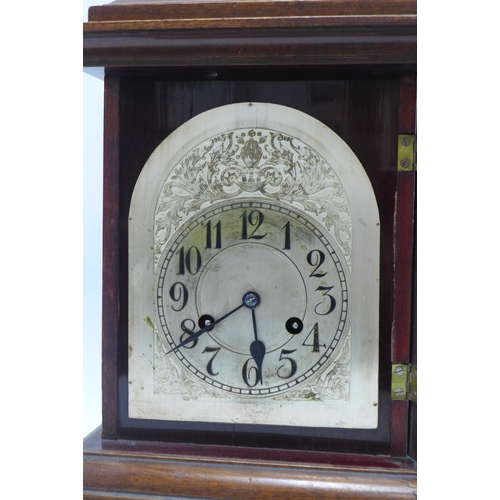 395 - Early 20th century bracket clock, stained pine case with silvered dial and Arabic numerals, 37cm