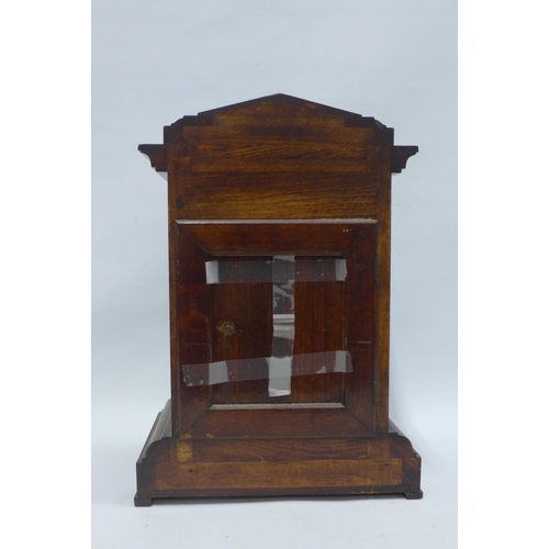 395 - Early 20th century bracket clock, stained pine case with silvered dial and Arabic numerals, 37cm