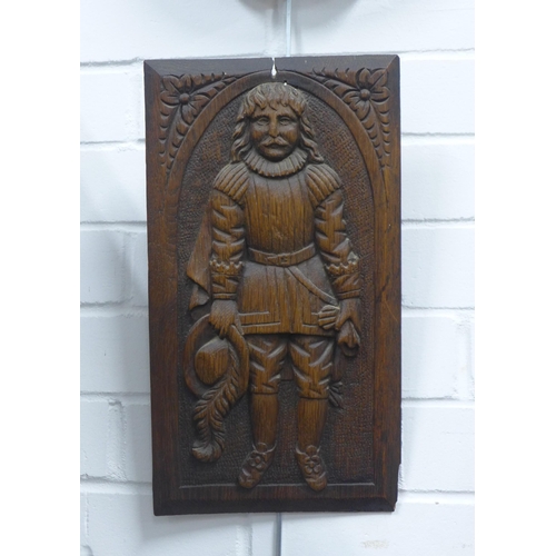 398 - Carved oak Cavalier wall panel, 36 x 20cm