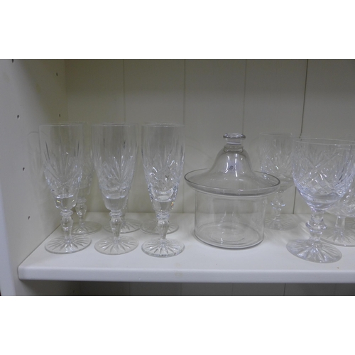 406 - Edinburgh Crystal and other drinking glasses together with to glass jars with covers (a lot)