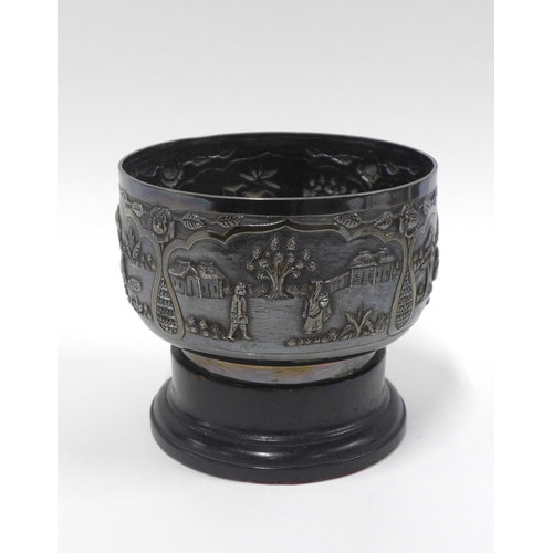 81 - Indian silver bowl with a pattern of village life, stamped SILVER STERLING, with a pedestal base, 17... 