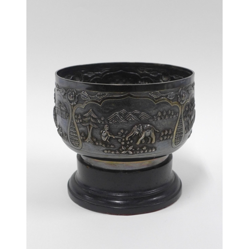 81 - Indian silver bowl with a pattern of village life, stamped SILVER STERLING, with a pedestal base, 17... 