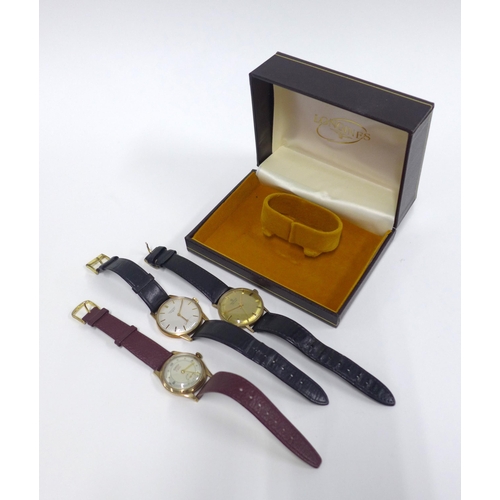 100A - Three Gents wristwatches to include 9ct gold cased Roamer wristwatch, 9ct gold cased Longines and a ... 