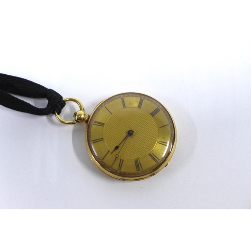 100C - 18ct gold cased fob watch, engine turned dial with Roman Numerals, inside of dust cover stamped 18ct