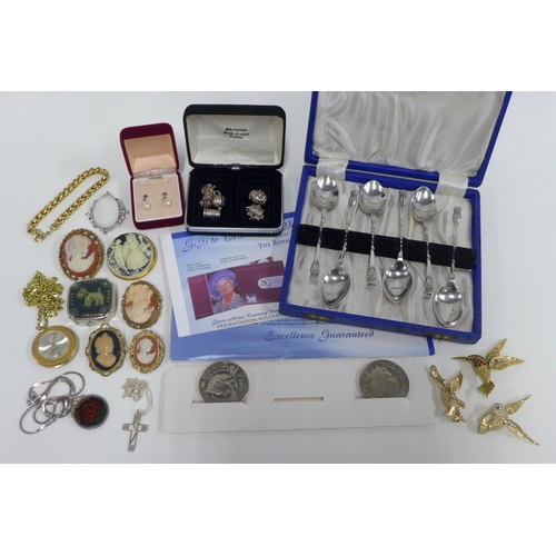 100F - Collection of gilt metal costume jewellery, silver plated teaspoons and commemorative coins, etc (a ... 