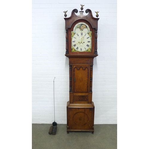 289 - 19th century longcase clock, broken swan neck top with mahogany hood and oak case, painted dial with... 