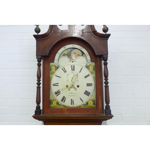 289 - 19th century longcase clock, broken swan neck top with mahogany hood and oak case, painted dial with... 