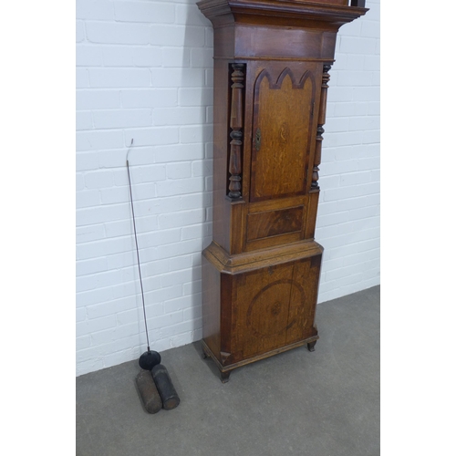 289 - 19th century longcase clock, broken swan neck top with mahogany hood and oak case, painted dial with... 