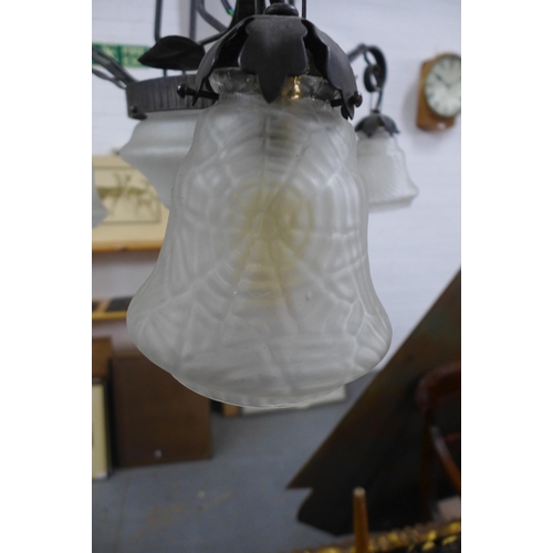 292 - Ceiling light with moulded glass spiders web shades, 54 x 80cm.