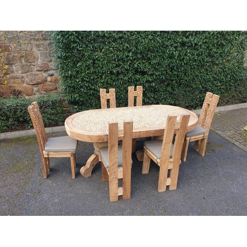 294 - Modern dining table and set of six chairs, the oval top with cross sawn pattern with matching patter... 