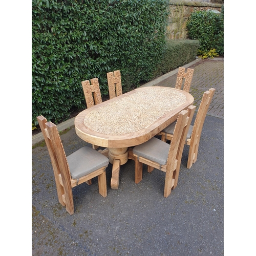 294 - Modern dining table and set of six chairs, the oval top with cross sawn pattern with matching patter... 