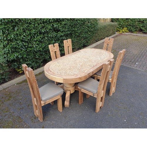 294 - Modern dining table and set of six chairs, the oval top with cross sawn pattern with matching patter... 