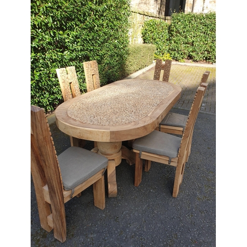 294 - Modern dining table and set of six chairs, the oval top with cross sawn pattern with matching patter... 