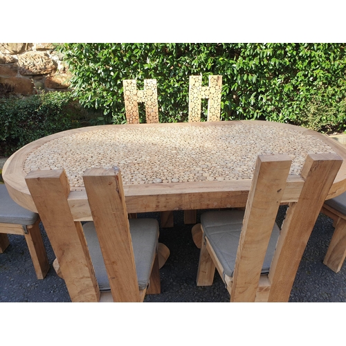 294 - Modern dining table and set of six chairs, the oval top with cross sawn pattern with matching patter... 