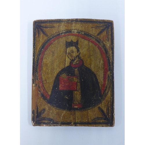 369 - Antique Icon on board, likely South American, inscribed verso St Etanislao14 x 18cm