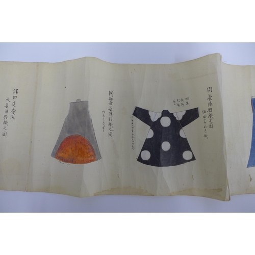 371 - Manuscript scroll of 32 watercolour Jinbaori,  approx 7 metres long