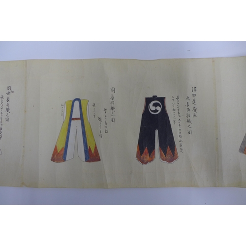 371 - Manuscript scroll of 32 watercolour Jinbaori,  approx 7 metres long