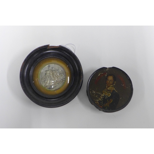 372 - Circular lacquered box depicting King Leopold of Belgium, 9cm diameter,  together with a silvered gl... 