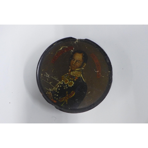 372 - Circular lacquered box depicting King Leopold of Belgium, 9cm diameter,  together with a silvered gl... 