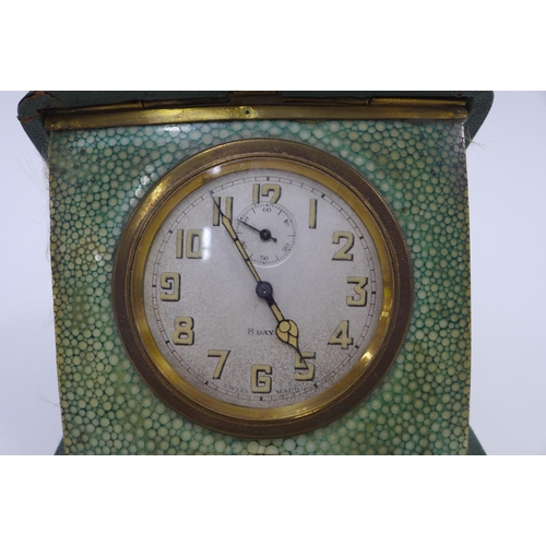 379 - Early 20th century shagreen cased travelling 8 Day clock,  11cm square