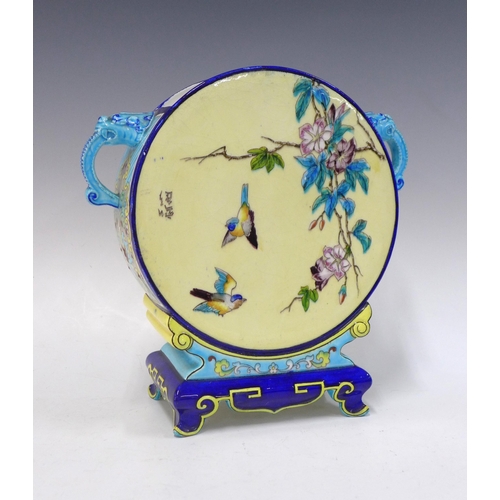 101 - French Japonisme faience moon flask vase, handpainted with flowers and birds, with dragon head handl... 