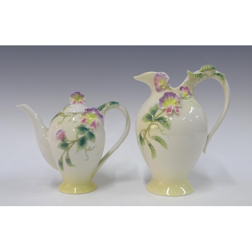 103 - Franz Sweet Pea floral relief teapot and jug, taller 22cm (2)