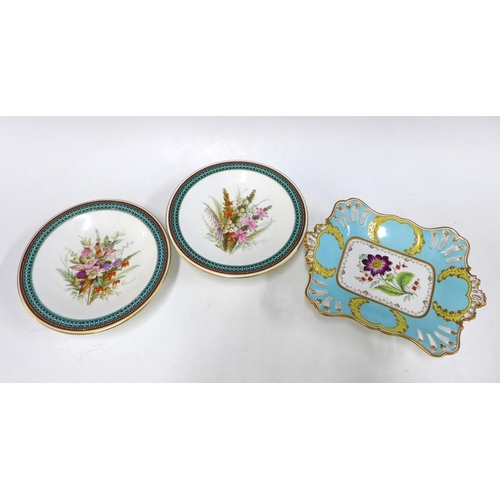 105 - Two Royal Worcester floral painted comports, 23cm diameter, together with an English handpainted  re... 